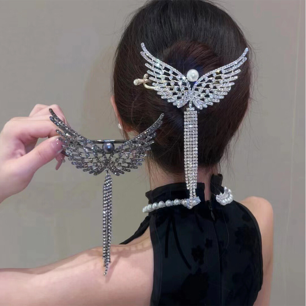 Rhinestone Angel Wing HairClip Elegant Tassel Hairpin