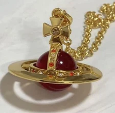 Vivienne Westwood Small Orb Necklace Gold and Red w/drawstring [E0144
