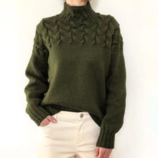 Ladies Polo Neck Warm Sweater Womens Chunky Cable Knitted Jumper Pullover Tops *