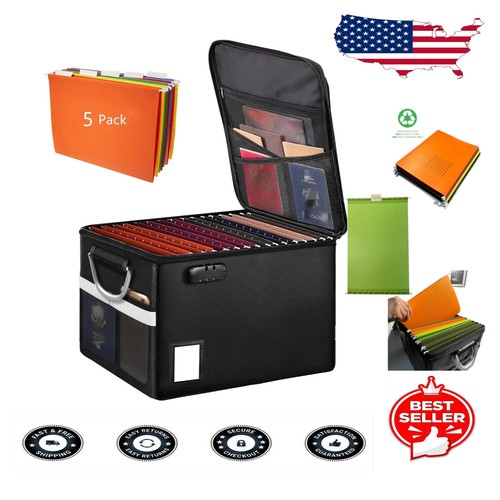 Impact-Resistant File Cabinet Box - Fireproof & Water-Resistant with 5 Folders