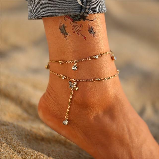 Damen Fußkettchen Fußkette Fuss Kette Modeschmuck gold Schichten Anhänger Perlen