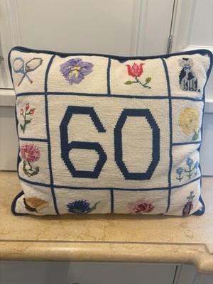 Vintage Wool Needlepoint Pillow 60 Years Birthday Tennis Golf Cat Flowers