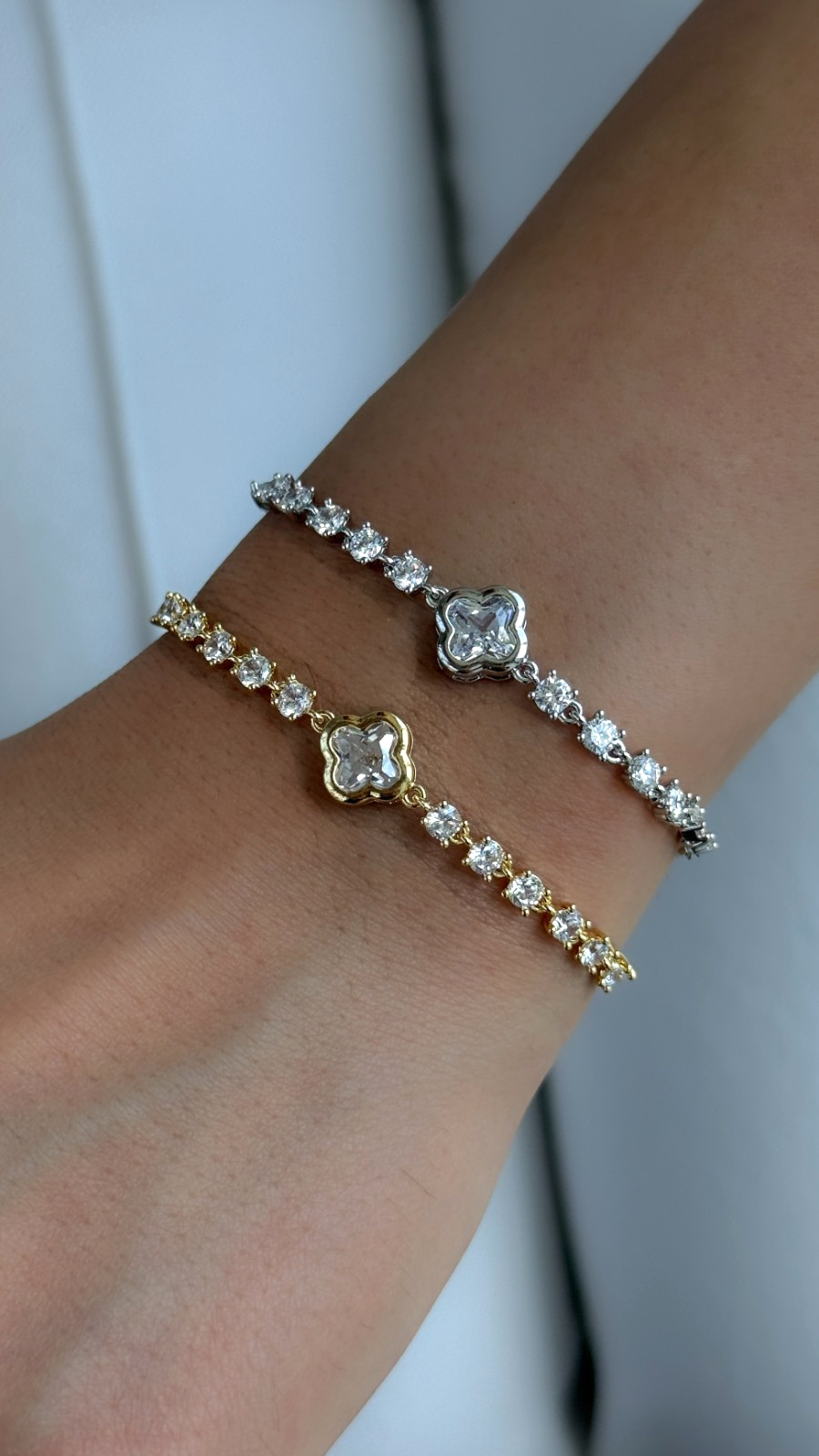 Gold Plated Tennis Bracelet: Clover Charm, Cubic Zirconia, Adjustable