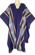 Vintage 1970s blue alpaca wool poncho long striped fringe unisex boho blanket