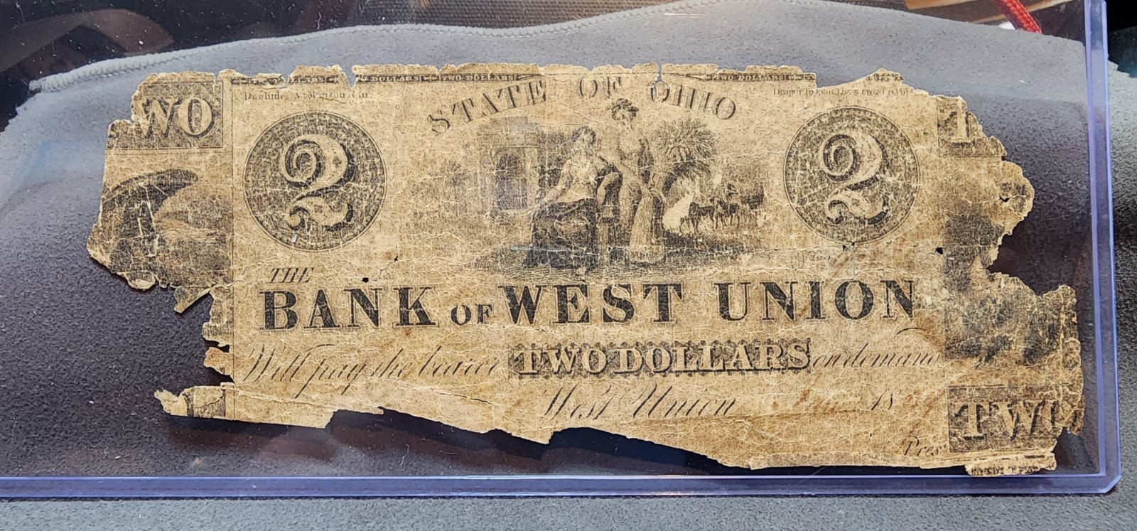 1839 $2 TWO DOLLARS THE BANK OF WEST UNION OHIO OBSOLETE CURRENCY NOTE
