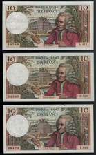 France - Set 3 pcs 10 Francs 1972, 1971, 1968 Pick 147 in VF to XF-