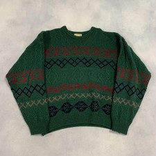 Vintage Abstract Knitted Jumper Patterned Grandad Chunky Knit Sweater Men's L
