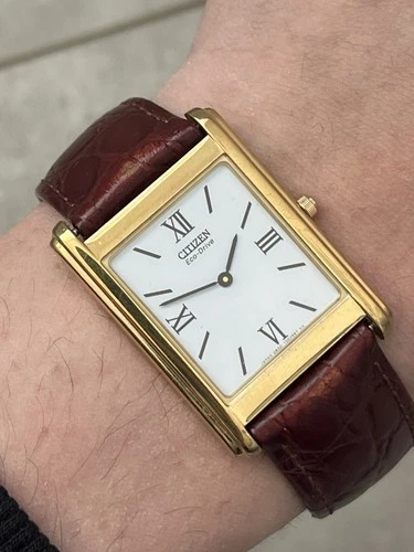 Citizen Eco Drive Stiletto Tank Gold White Vintage Dress Watch  Roman Numeral