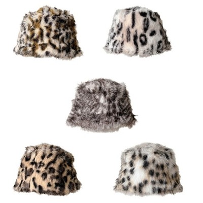 Leopard Print Plush Hat Leopard Bucket Hat Casual Plush Hat Wide Border Hat
