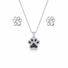 Black  White CZ Dog Cat Puppy Pet Paw Necklace  Earrings Set Sterling Silver