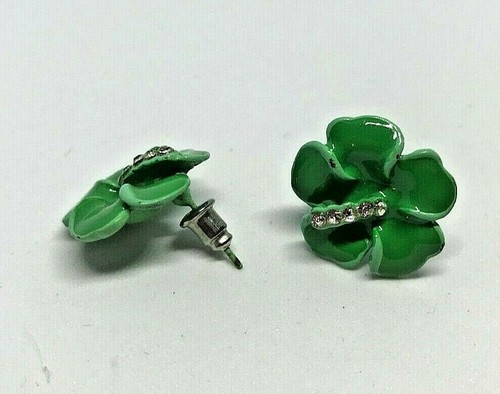 Vintage Ceramic Enamel Green Flower Rhinestone Diamante Earrings 1980' - Picture 3 of 3