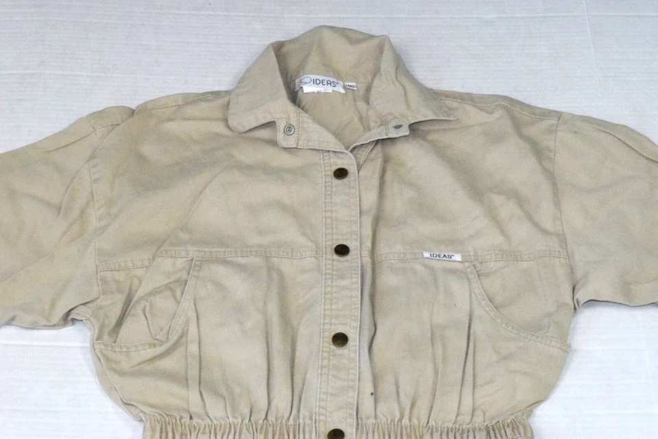 Vintage Jumpsuit Ideas Size L 80s Sandy Beige Cotton Snaps One Piece Coveralls - Image 2 of 4