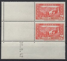 U588 French Andorra 1942 Chapelle Meritxell 2,40F (Mi.90) full marginal pair MNH