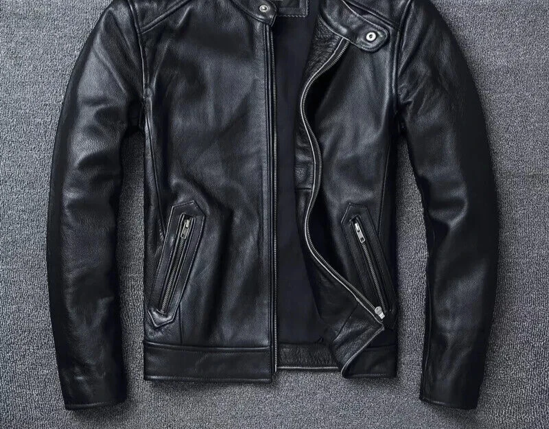 Men Real Cowhide Leather Jacket Slim-fit Stand-up Collar Motorcycle Biker jacket