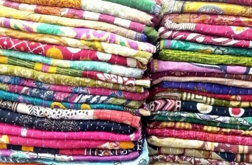 Trapunta Kantha vintage indiana reversibile lancio coperta fatta a mano lotto all'ingrosso - Foto 1 di 11
