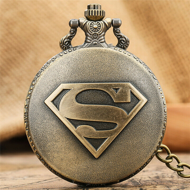 Vintage Super Man Boy Kids Quartz Pocket Watch Necklace Chain