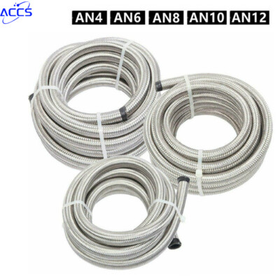 #ad 4AN 6AN 8AN 10AN 12AN Stainless Steel Braided CPE Fuel Oil Gas Hose Line Silver $28.89