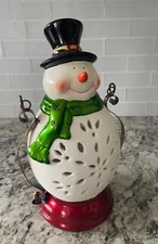 Christmas Light Up Snowman with Green Scarf Top Hat Tabletop Decor 11.5"