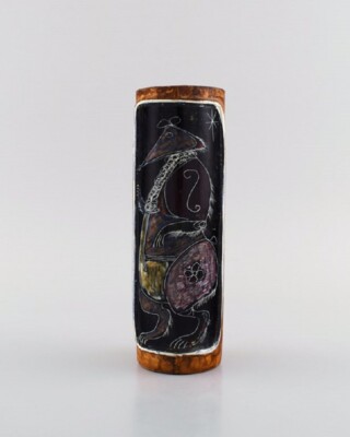 Fidia, Italien. Vase aus lederbezogener Keramik mit handbemalter Ratte. 60er ...