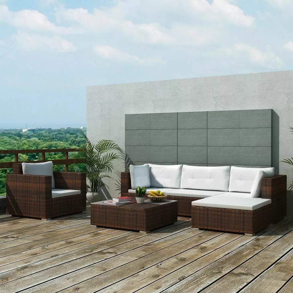 6 Piece Garden Lounge Set with Cushions Poly Rattan Brown vidaXL