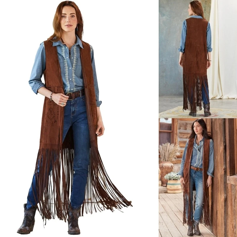 Women Faux Suedes Open Front Vest Sleeveless Bohemian Western Jackets Waistcoat - Image 2 of 4