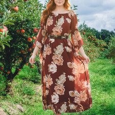 Vintage Y2K Boho Floral Chiffon Off Shoulder Bell Sleeve Dress Size S USA Made