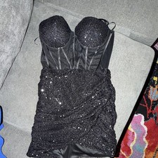 Fashion Nova Black Sequin Mesh Corset Bodycon Mini Dress Sweetheart Size S