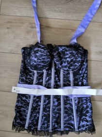 Ann Summers Black & Lilac Satin & Lace Boned Corset Top Size 14