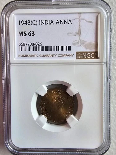 India 1 Anna 1943C NGC MS 63