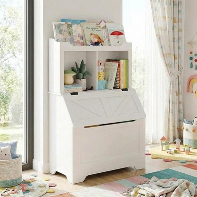 Kids Bookshelf Toy Storage Organizer with Flip-Top Lid and Cubby Wood Bookcases