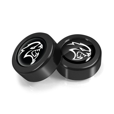 Dodge SRT Hellcat in Black Dome Logo on Black License Plate Frame Screw Covers