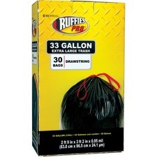Ruffies Pro Drawstring Trash Bags - 33-Gallon, Heavy-Duty, Black, 30-Count