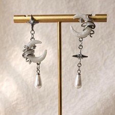 Stunning Celestial Moon  Star Drop Earrings With Pearl Dangle Silver Tone