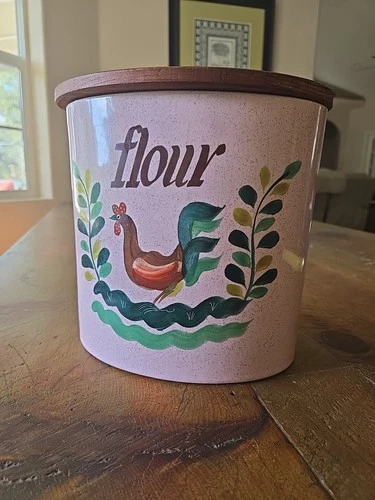 Rare Bauer Pottery Canister Rooster Pink Speckled Flour Wood Lid Oval