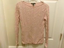 LAUREN Ralph Lauren Women  s Cotton Cable Knit Boat Neck Sweater Pink Size S