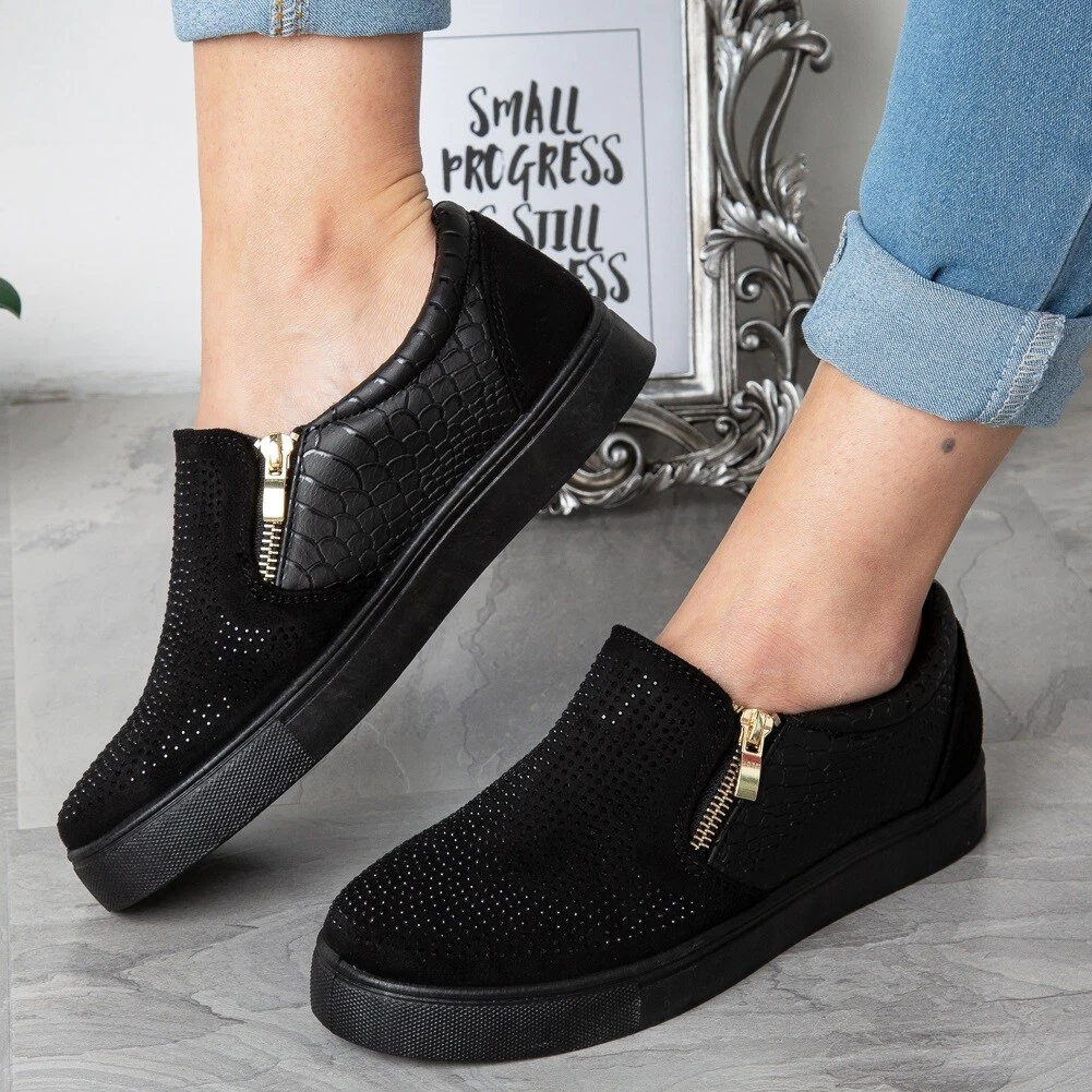 Womens Flat Trainers Ladies Slip On Bling Zip Gym Sneakers Pumps Shoes Size