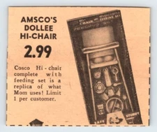 1963 AMSCO DOLLEE HI-CHAIR TOY AD Vintage 3" X 3.5" Newspaper Ad M714
