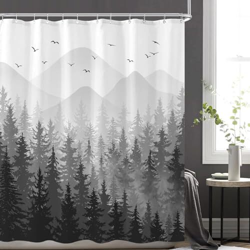Misty Forest Shower Curtain Gray Ombre Nature Tree Plants 72'' × 72'' Black - Picture 4 of 7