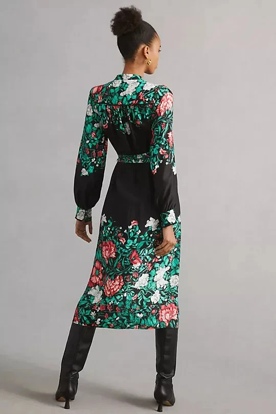 VETEMENTS Anthropologie Camicia Midi Vestito Camicia Cintura Nero Verde Floreale Taglia XS NUOVA CON ETICHETTE