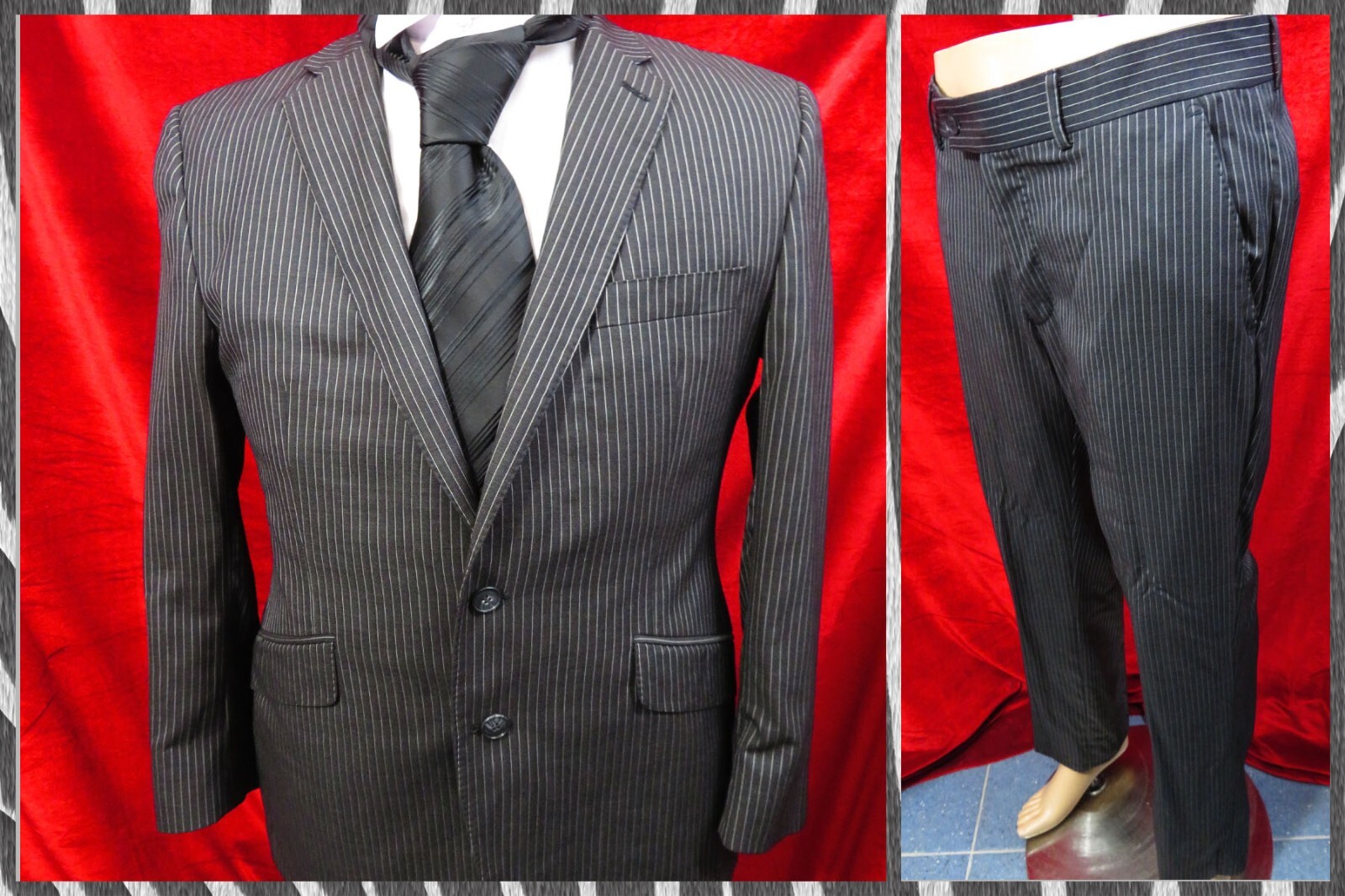 FILA Giacca tuta Alexandre Savile Row grigia spilla righe 40R e pantaloni W34 Ins 28