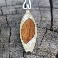 Koa Wood Hawaiian Scroll Aloha Surfboard Rhodium Plated Brass Pendant BRP1154