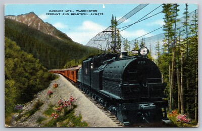 Cascade Mountains Washington Train Engine 10294 C1940's Linen Postcard R8