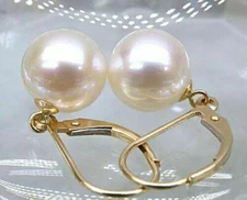PERFECT NATURAL WHITE SOUTH SEA ROUND PEARL DANGLE EARRINGS 14K GOLD LEVERBACK