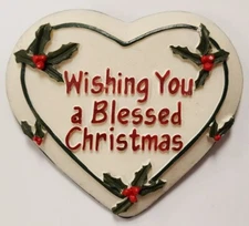 HAND PAINTED CHRISTMAS BLESSING WISH 2" HEART POINSETTIA PLAQUE ORNAMENT N584