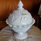 WESTMORELAND OPALESCENT Glass Lid ROSES & BOWS Candy Dish Hd Painted SIGNED 1981 — photo 3