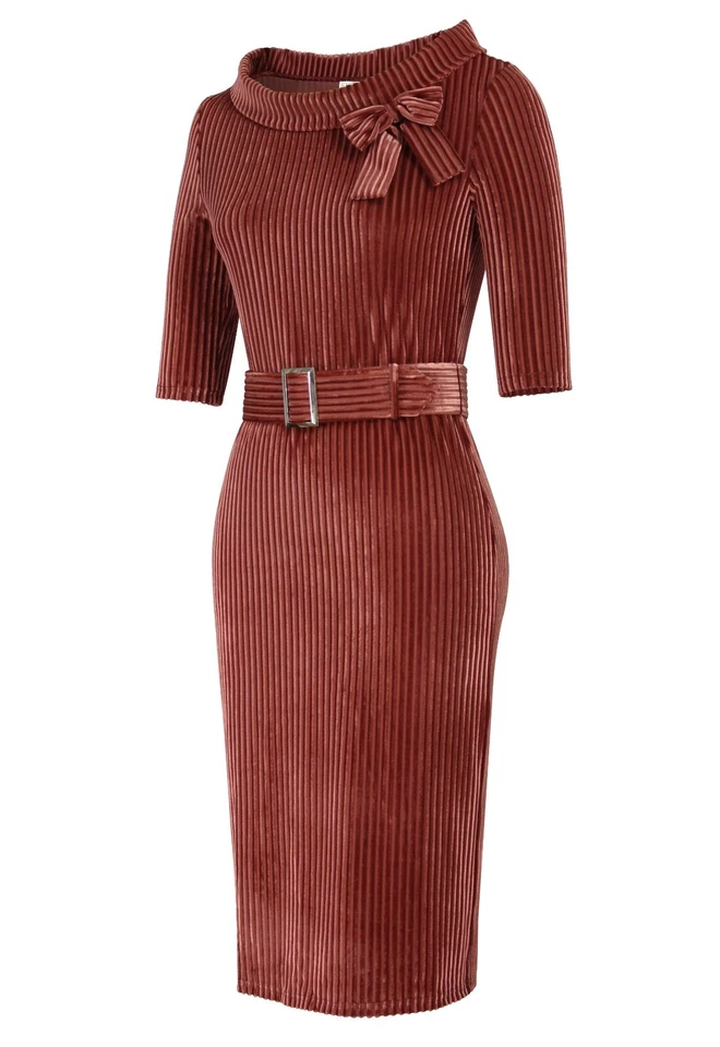 2X Deadly SEXY Dames Film Noir 🖤 COUTURE Bow collar Striped Velvet Pinup dress - Image 4 of 4