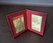 Vintage Small Red Double Picture Holder With Black & White Photos 