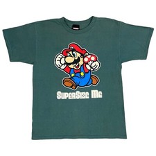 Vintage Mario SuperSize Me T Shirt Youth XL Nintendo Green Big Graphic Mushroom