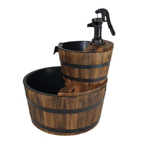 Fuente de agua de barril de madera exterior en cascada de 2 niveles con bomba ajustable - Imagen 8 de 8