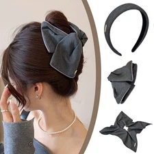 Women's Thick Headband Grey Striped Hairband Wide Hair Hoop Kerchief Hair Claw ☾